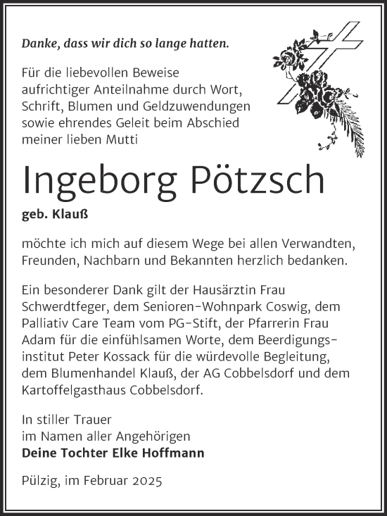 Traueranzeige von Ingeborg Pötzsch von Trauerkombi Wittenberg