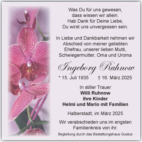 Traueranzeige von Ingeborg Ruhnow von Volksstimme Halberstadt