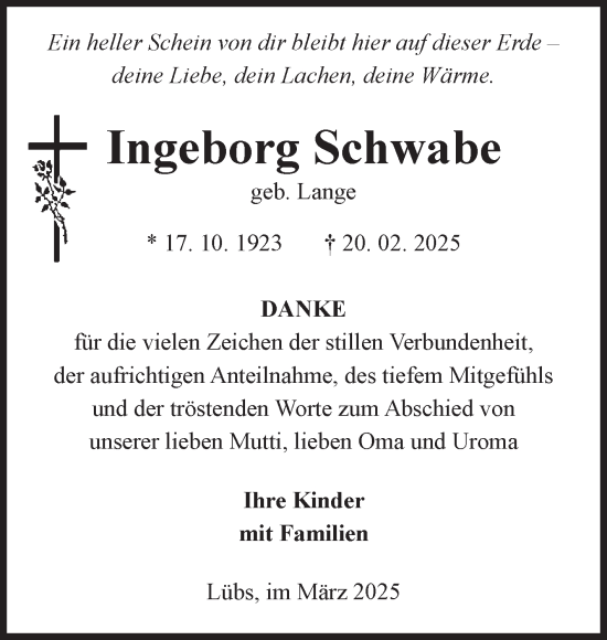 Traueranzeige von Ingeborg Schwabe von Volksstimme Zerbst