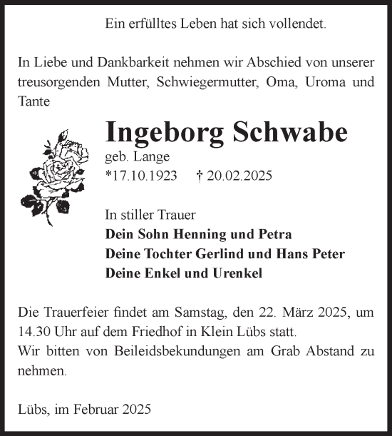 Traueranzeige von Ingeborg Schwabe von Volksstimme Zerbst