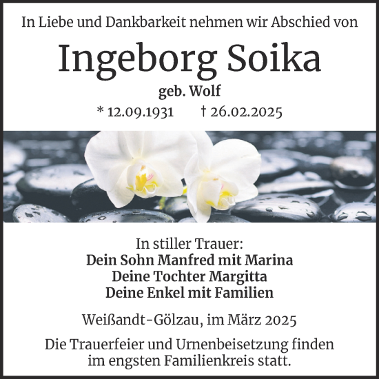 Traueranzeige von Ingeborg Soika von Trauerkombi Köthen