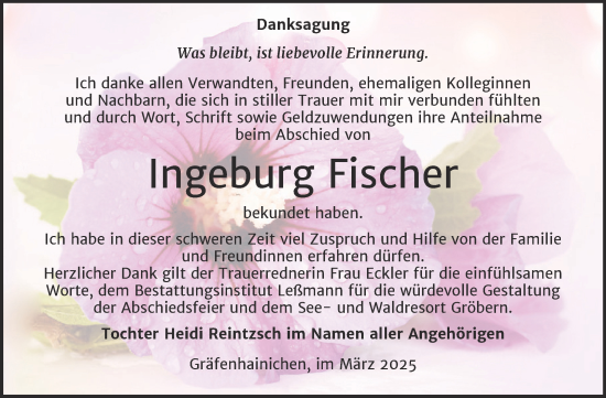 Traueranzeige von Ingeburg Fischer von Trauerkombi Wittenberg