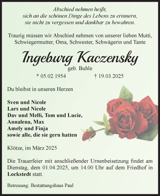 Traueranzeige von Ingeburg Kaczensky von Volksstimme Altmark West