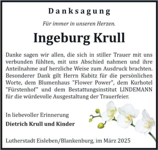 Traueranzeige von Ingeburg Krull von Volksstimme Wernigerode
