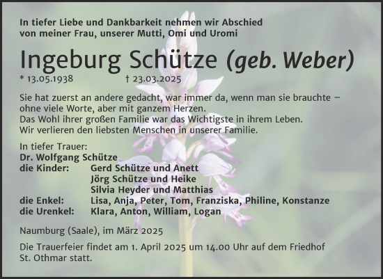 Traueranzeige von Ingeburg Schütze von Super Sonntag Naumburg/Nebra