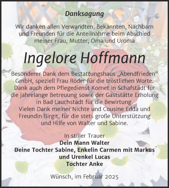 Traueranzeige von Ingelore Hoffmann von Trauerkombi Merseburg
