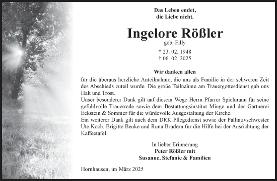 Traueranzeige von Ingelore Rößler von Volksstimme Oschersleben/Wanzleben