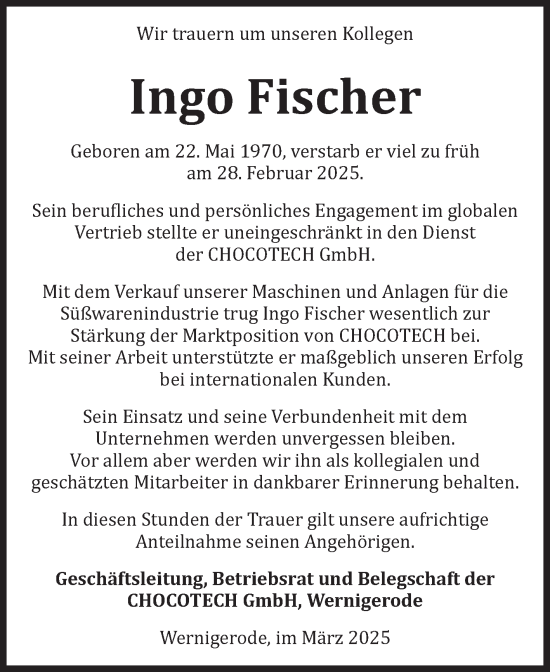 Traueranzeige von Ingo Fischer von Volksstimme Wernigerode