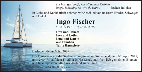 Traueranzeige von Ingo Fischer von Volksstimme Wernigerode