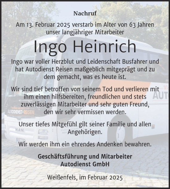 Traueranzeige von Ingo Heinrich von Super Sonntag Weißenfels