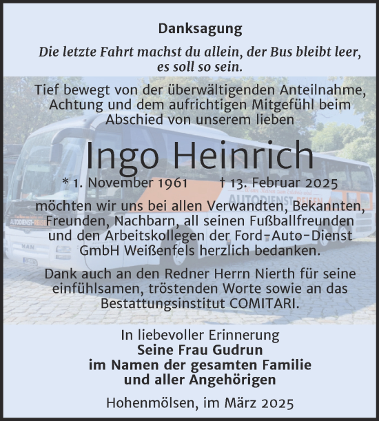Traueranzeige von Ingo Heinrich von Trauerkombi Weißenfels