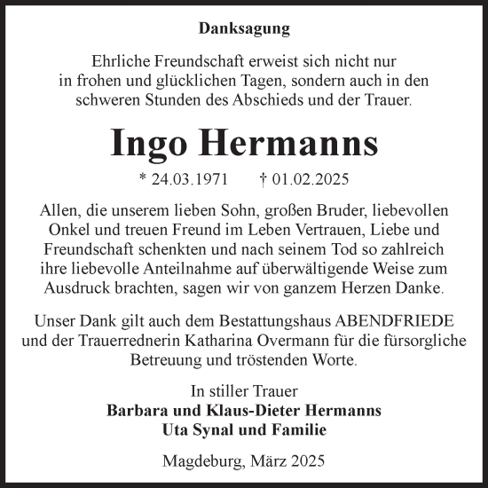 Traueranzeige von Ingo Hermanns von Volksstimme Magdeburg