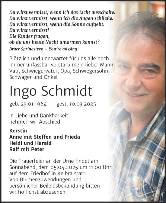 Traueranzeige von Ingo Schmidt von Trauerkombi Sangerhausen