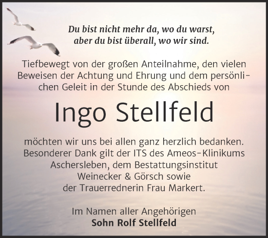 Traueranzeige von Ingo Stellfeld von Trauerkombi Bernburg