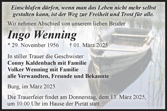 Traueranzeige von Ingo Wenning von Volksstimme Burg/Genthin