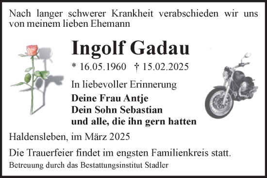 Traueranzeige von Ingolf Gadau von Volksstimme Haldensleben/Wolmirstedt