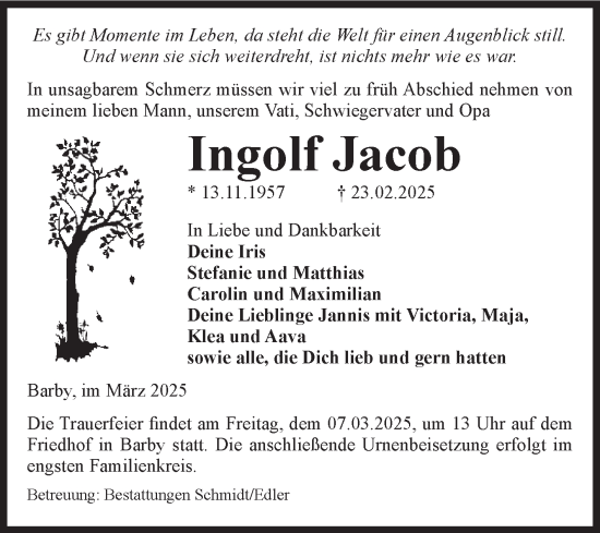 Traueranzeige von Ingolf Jacob von Volksstimme Schönebeck