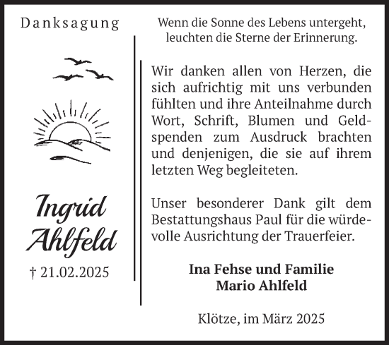 Traueranzeige von Ingrid Ahlfeld von Volksstimme Altmark West