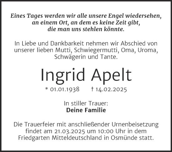 Traueranzeige von Ingrid Apelt von Mitteldeutsche Zeitung Mansfelder Land