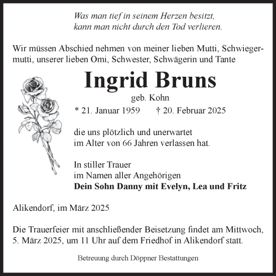 Traueranzeige von Ingrid Bruns von Volksstimme Oschersleben/Wanzleben