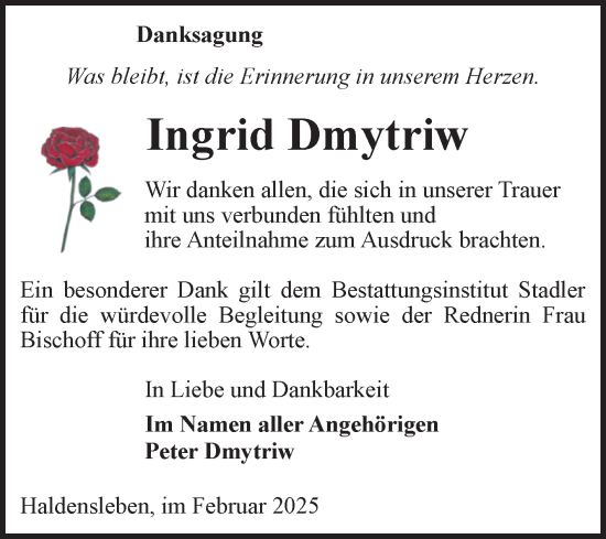 Traueranzeige von Ingrid Dmytriw von Volksstimme Haldensleben/Wolmirstedt