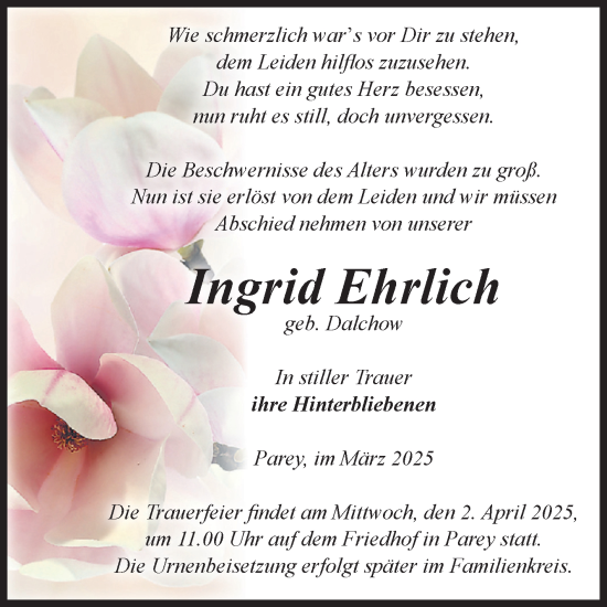Traueranzeige von Ingrid Ehrlich von Volksstimme Burg/Genthin