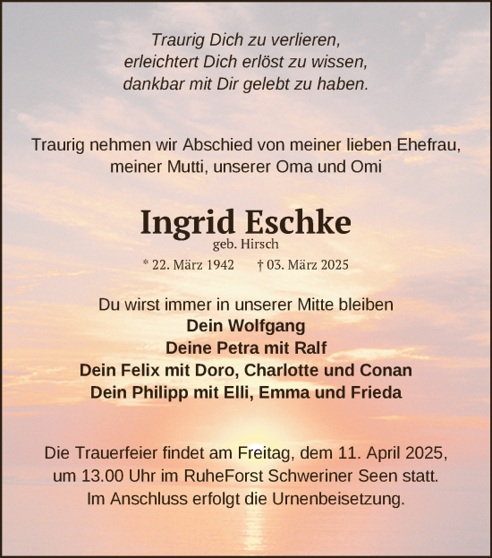 Traueranzeige von Ingrid Eschke von Mitteldeutsche Zeitung Merseburg/Querfurt