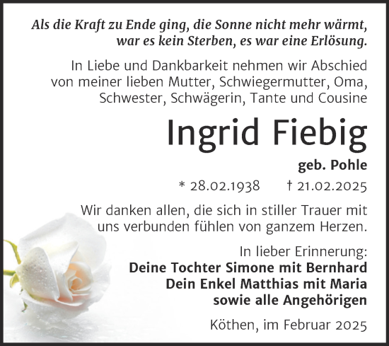 Traueranzeige von Ingrid Fiebig von Trauerkombi Köthen