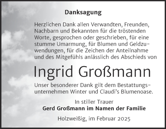 Traueranzeige von Ingrid Großmann von Trauerkombi Bitterfeld
