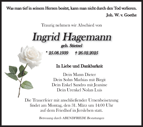 Traueranzeige von Ingrid Hagemann von Volksstimme Haldensleben/Wolmirstedt