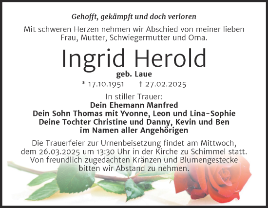 Traueranzeige von Ingrid Herold von Super Sonntag Naumburg/Nebra