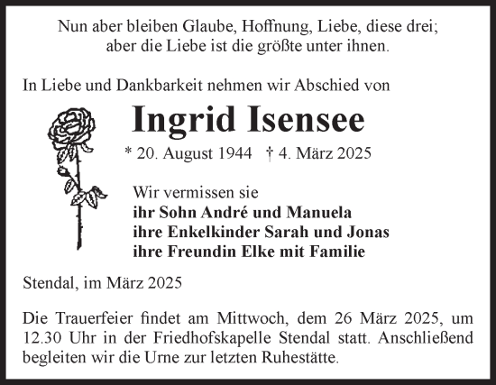 Traueranzeige von Ingrid Isensee von Volksstimme Altmark Ost