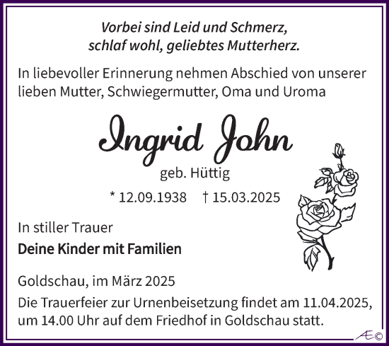 Traueranzeige von Ingrid John von Trauerkombi Zeitz
