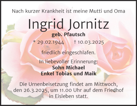 Traueranzeige von Ingrid Jornitz von Trauerkombi Mansfelder Land