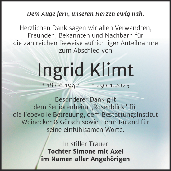 Traueranzeige von Ingrid Klimt von Trauerkombi Bernburg