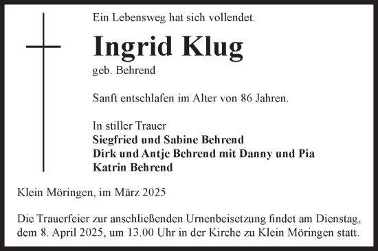 Traueranzeige von Ingrid Klug von Volksstimme Altmark Ost
