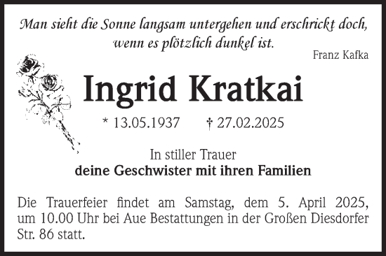 Traueranzeige von Ingrid Kratkai von Volksstimme Magdeburg