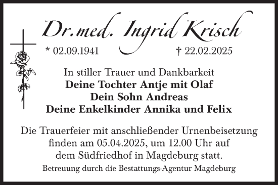 Traueranzeige von Ingrid Krisch von Volksstimme Magdeburg