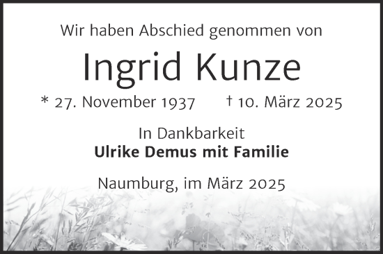 Traueranzeige von Ingrid Kunze von Naumburger Tageblatt