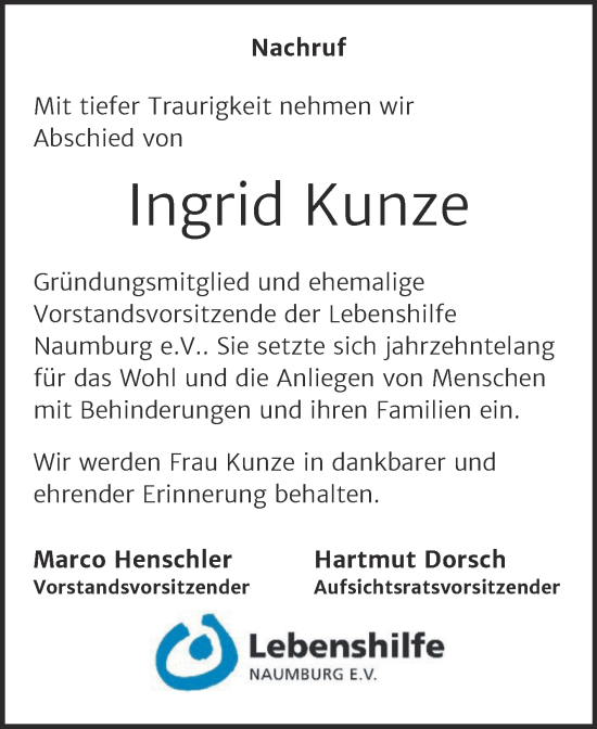 Traueranzeige von Ingrid Kunze von Naumburger Tageblatt