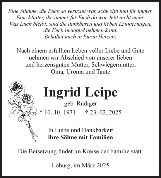 Traueranzeige von Ingrid Leipe von Volksstimme Zerbst