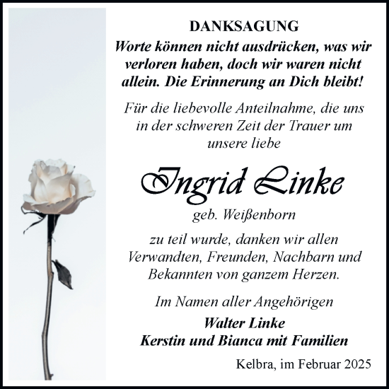 Traueranzeige von Ingrid Linke von Trauerkombi Sangerhausen