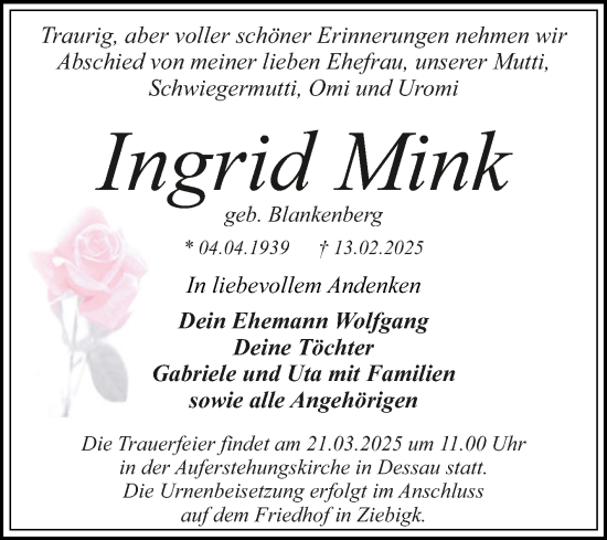 Traueranzeige von Ingrid Mink von Trauerkombi Dessau