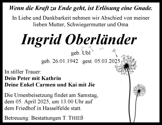 Traueranzeige von Ingrid Oberländer von Volksstimme Wernigerode