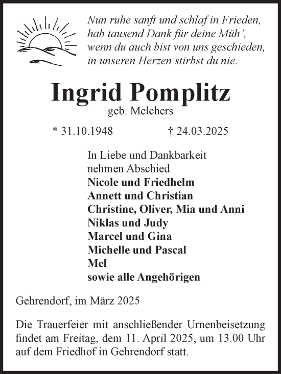 Traueranzeige von Ingrid Pomplitz von Volksstimme Altmark West