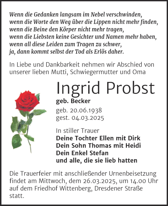 Traueranzeige von Ingrid Probst von Trauerkombi Wittenberg