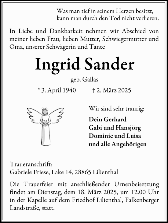 Traueranzeige von Ingrid Sander von Volksstimme Magdeburg