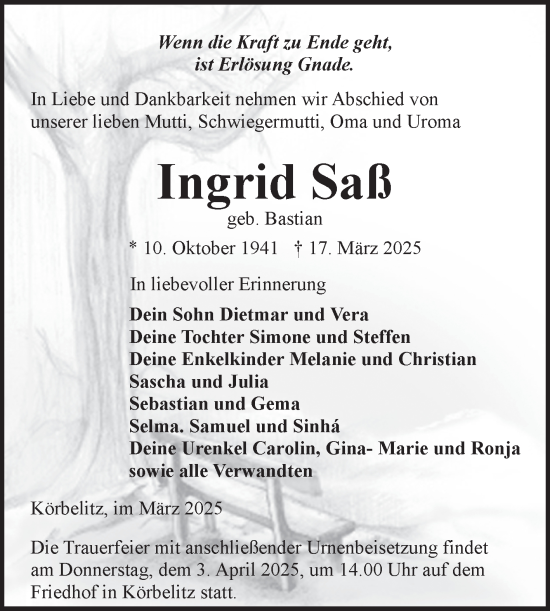 Traueranzeige von Ingrid Saß von Volksstimme Burg/Genthin