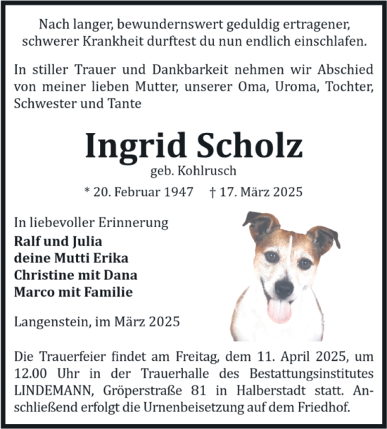 Traueranzeige von Ingrid Scholz von Volksstimme Halberstadt