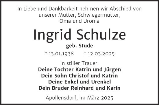 Traueranzeige von Ingrid Schulze von Trauerkombi Wittenberg